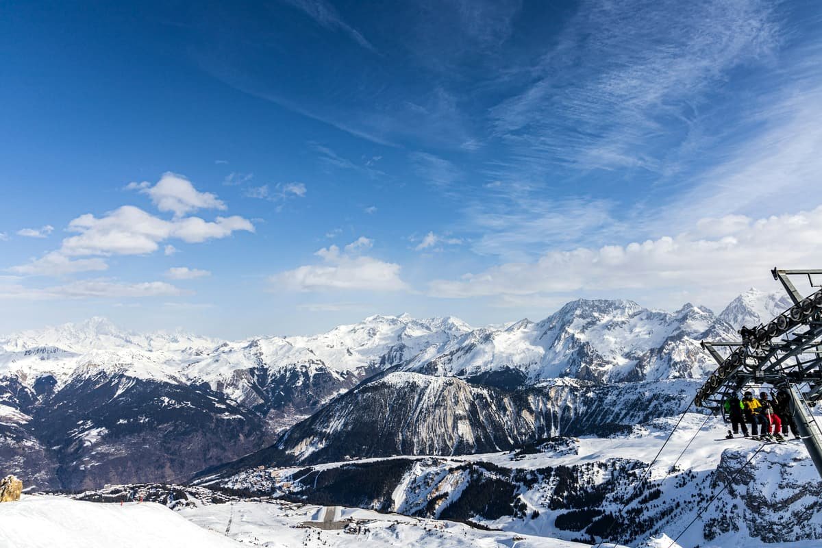 A panorama of snow-covered peaks in the Alps