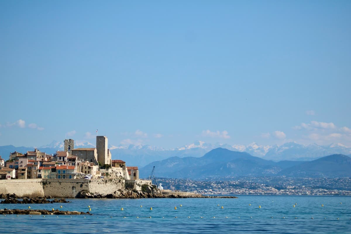 Antibes and the snow-covered Alps seen from the sea