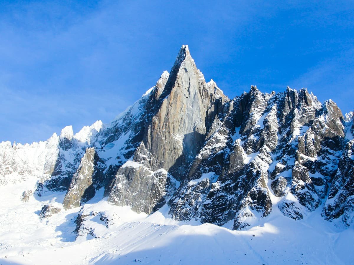 The snow-covered spires of the Mont Blanc massif above Chamonix